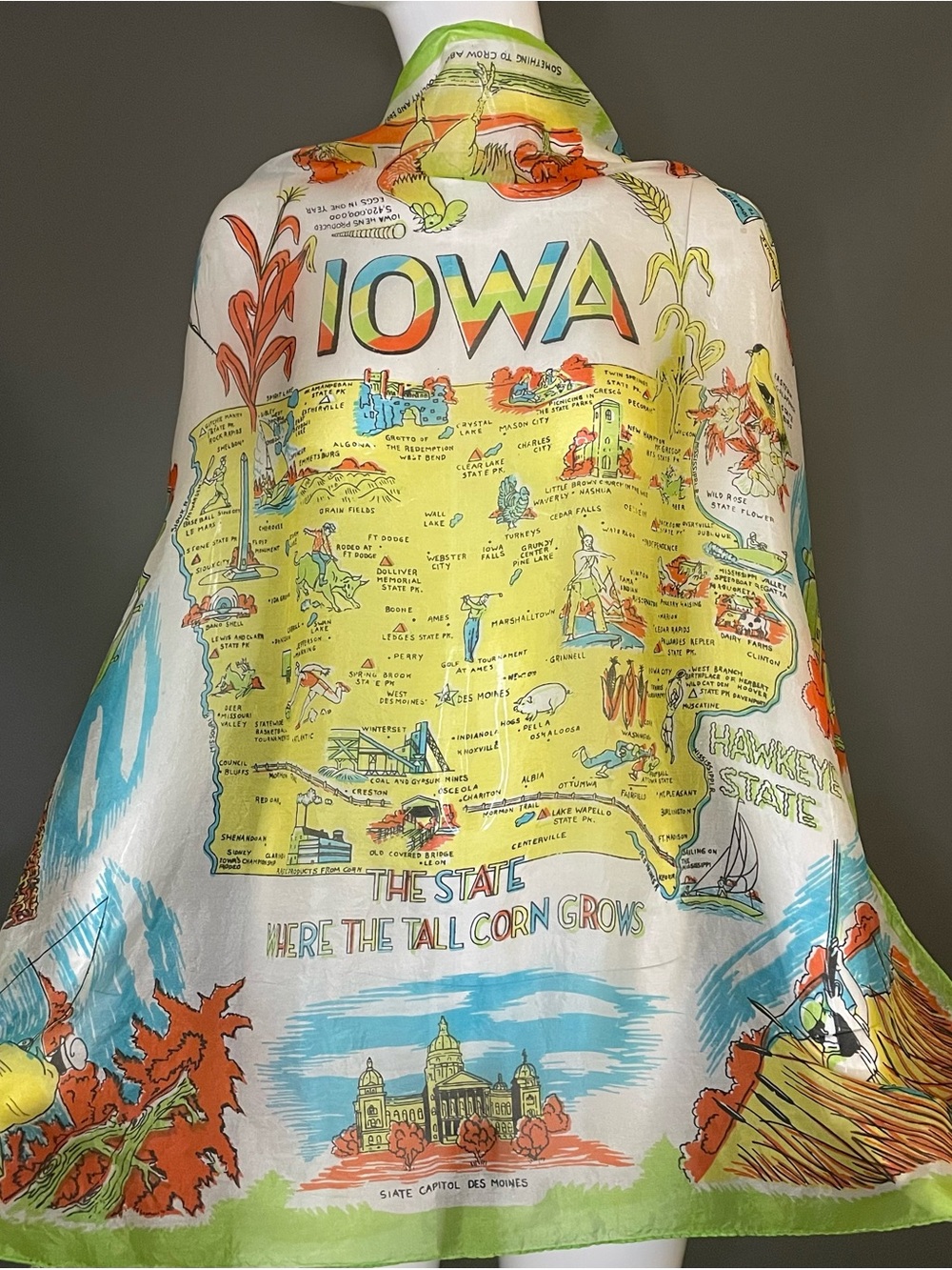 Rare Vintage 50s Iowa Souvenir Silk Scarf 30 In Sq Very Good Condition